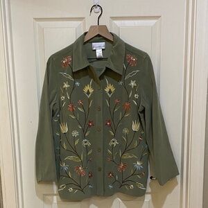 Susan Graver‎ Floral Embroidered Faux Suede Button Front Shirt Jacket Shacket- S